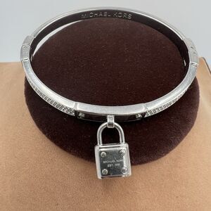 Michael Kors Crystal Hinged Bangle Bracelet Silver Tone Lock Pave Rhinestones